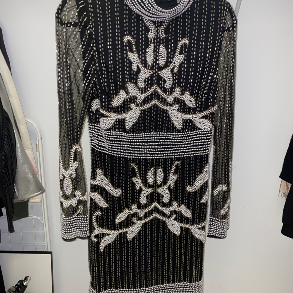 Premium High Neck Long Sleeve Beaded Bodycon Dress